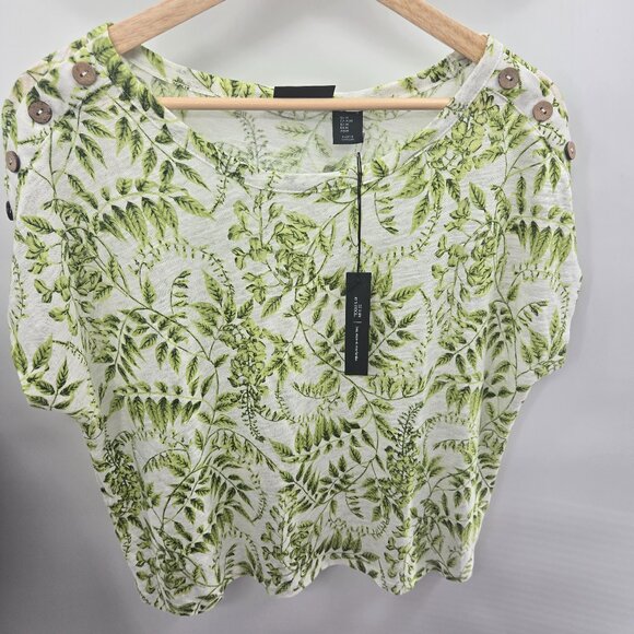Tahari White Green Linen Lyocell Leaf Lightweight Blouse Medium - Picture 1 of 13